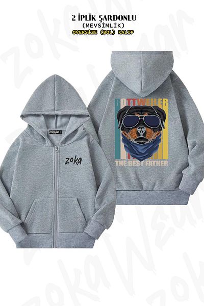ZOKAWEAR Oversize Rottweiler The Best Father Back Printed Zipper Hooded Grey Cardigan (2 νήματα)
