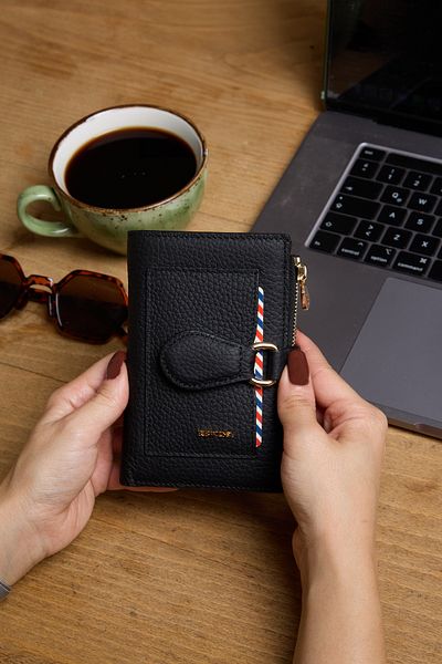REWİNA 9735 Model - Black Genuine Leather, Special Design Women's Portfolio Wallet