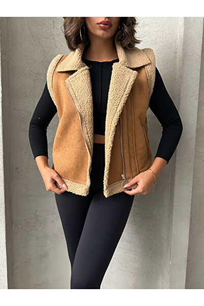 Caddebostan Moda Milky Coffee-Cream Suede Collar Fur Premium Luxury Trend Special Design Women's Vest