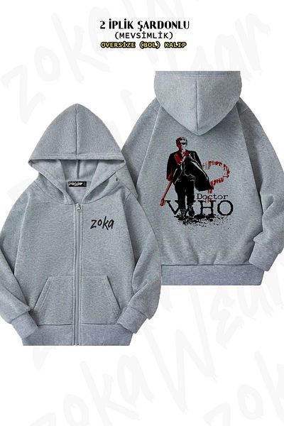 ZOKAWEAR Oversize Doctor Who Back Printed Zipper Hooded Grey Cardigan (2 νήματα)