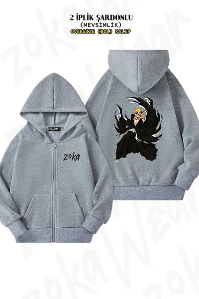 ZOKAWEAR Γκρι ζακέτα με κουκούλα με φερμουάρ και στάμπα με λευκαντική πλάτη (2 κλωστές)