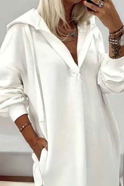 Mossta Λευκό Modal φόρεμα - Κουκούλα και ανοιχτός λαιμός