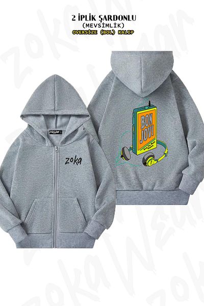 ZOKAWEAR Bon Jovi Music Pattern - Γκρι υπερμεγέθη ζακέτα με φερμουάρ και κουκούλα (2 κλωστές)
