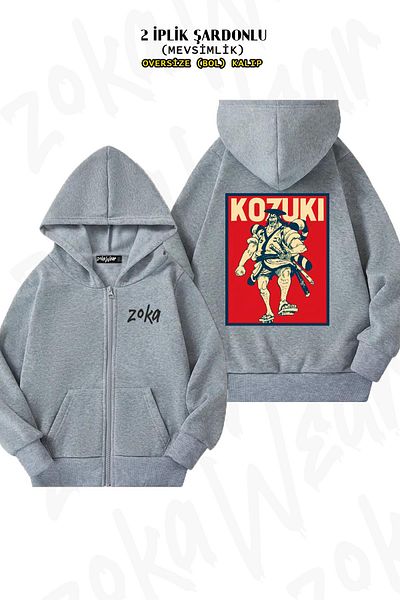 ZOKAWEAR Ζακέτα με σχέδιο Kozuki Oden - Γκρι υπερμεγέθη ζακέτα με φερμουάρ και κουκούλα (2 κλωστές)