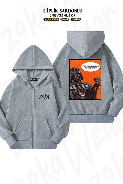 ZOKAWEAR Star Wars Dart Vaderr Back Printed Grey Oversize Cardigan - Φερμουάρ και κουκούλα (2 κλωστές)
