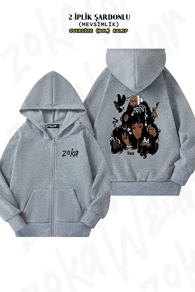 ZOKAWEAR Oversize Sza Ctrl Εναλλακτικό άλμπουμ στην πλάτη με φερμουάρ με κουκούλα γκρι ζακέτα (2 κλωστές)