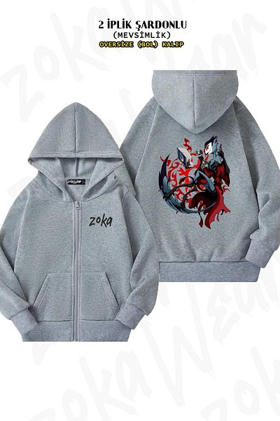ZOKAWEAR Helluva Boss Oversize Grey Cardigan - Πίσω στάμπα, φερμουάρ, κουκούλα (2 κλωστές)