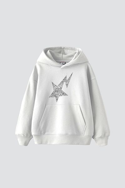 Sekizbiraltı Shining Star Stone Print Oversize Unisex Premium White Hoodie