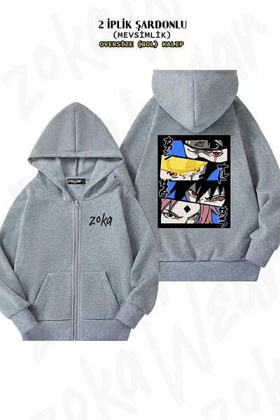 ZOKAWEAR Naruto Team 7 Eyes and Back Printed - Γκρι ζακέτα με κουκούλα με φερμουάρ (2 κλωστές)
