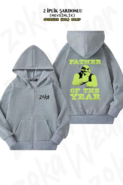 ZOKAWEAR Oversize Shrek Father's Day Father Of The Year Πίσω στάμπα με φερμουάρ με κουκούλα γκρι ζακέτα (2 κλωστές)