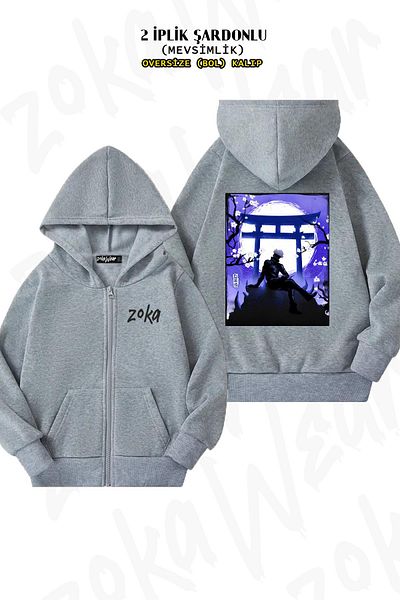 ZOKAWEAR Oversize Gojo Temple Back Printed με φερμουάρ και κουκούλα γκρι ζακέτα (2 κλωστές)