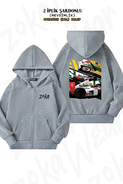 ZOKAWEAR كارديجان أيرتون سينا فورمولا 1 F1 رمادي كبير الحجم - طباعة خلفية، سح...