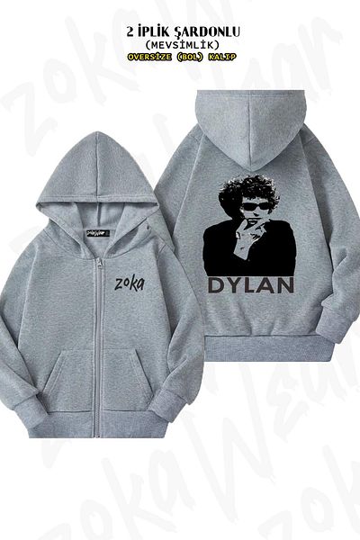 ZOKAWEAR Oversize Bob Dylan πίσω με στάμπα με φερμουάρ και κουκούλα γκρι ζακέτα (2 κλωστές)