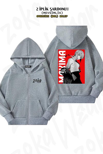 ZOKAWEAR Chainsaw Man Makima v3 Grey Oversize Ζακέτα - Πίσω στάμπα, με φερμουάρ, κουκούλα (2 κλωστές)