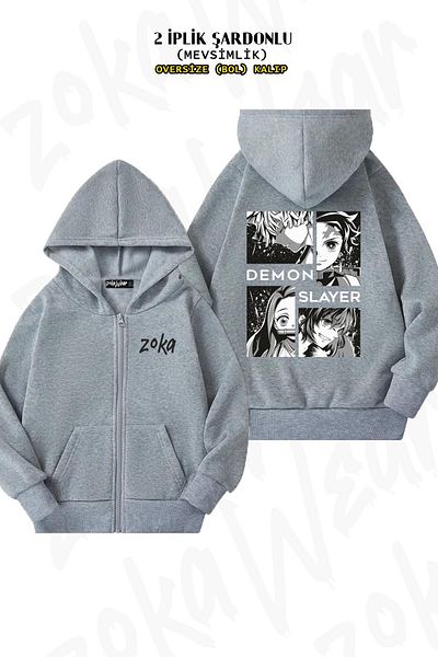 ZOKAWEAR Demon Slayer Grey Oversize Cardigan - Custom Back Print, Zip-Up, Hoodie (2 Thread)