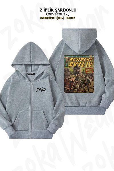 ZOKAWEAR Resident Evil 4 Fan Art Comic - Back Printed, Zipper Hooded Grey Cardigan (2 νήματα)