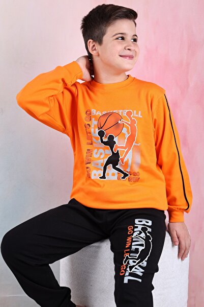 KAPİKİDS Men's Interlock Pajamas Set with Long Sleeve Crew Neck Orange Color Basketball