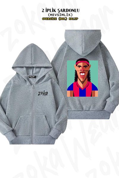 ZOKAWEAR Ronaldinho Back Printed Grey Oversize Cardigan - Φερμουάρ και κουκούλα (2 κλωστές)