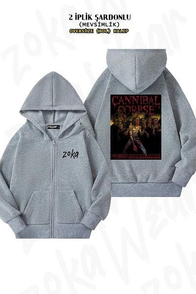 ZOKAWEAR Cannibal Corpse Oversize Grey Cardigan - Πίσω στάμπα, φερμουάρ και κουκούλα (2 κλωστές)
