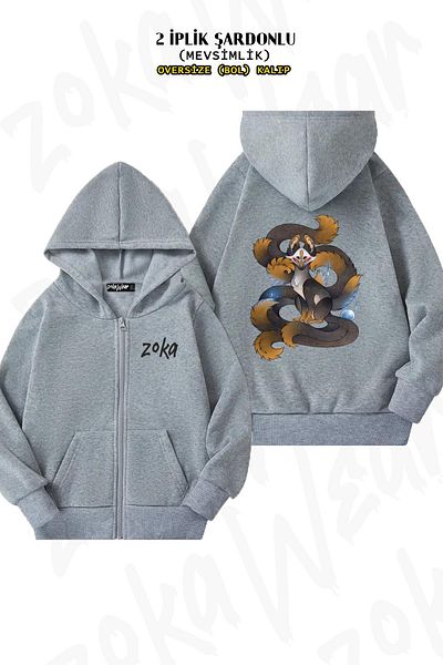 ZOKAWEAR Υπερμεγέθη Μαύρη και Χρυσή Kitsune Πίσω στάμπα με φερμουάρ και γκρι ζακέτα (2 κλωστές)