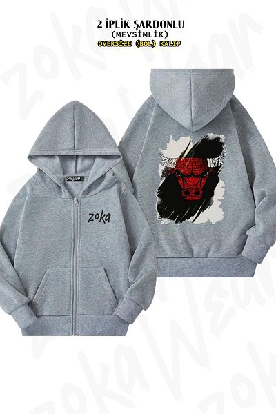ZOKAWEAR Chicago Bulls Custom Back Print - Γκρι ζακέτα με κουκούλα με φερμουάρ (2 κλωστές)
