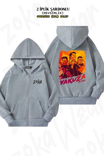 ZOKAWEAR Yakuza Heroes Pattern - Γκρι ζακέτα με φερμουάρ και κουκούλα (2 κλωστές)