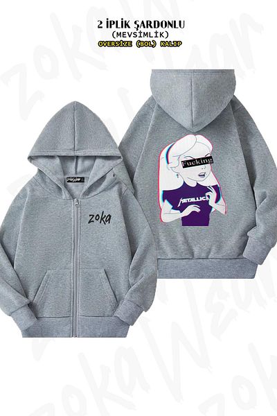 ZOKAWEAR Metallica Girl Oversize Grey Cardigan - Πίσω στάμπα, φερμουάρ, κουκούλα (2 κλωστές)