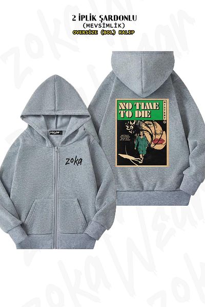 ZOKAWEAR Oversize No Time Billie Eilish Back Printed Zipper Hooded Grey Cardigan (2 νήματα)