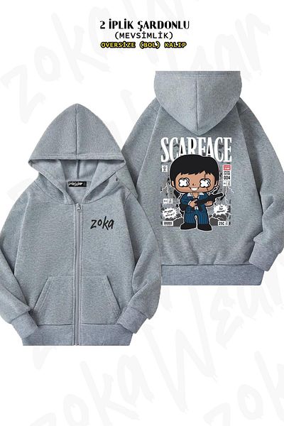 ZOKAWEAR Scarface Tony Montana Pattern - Γκρι ζακέτα με φερμουάρ και κουκούλα (2 κλωστές)