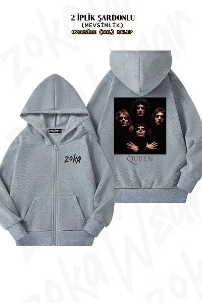 ZOKAWEAR Queen Band Back Printed Grey Oversize Cardigan - με φερμουάρ και κουκούλα (2 κλωστές)
