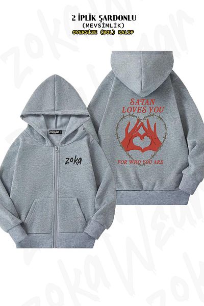 ZOKAWEAR Satan Loves You Patterned - Gray Oversize Cardigan with Zipper and Hood (2 Thread)