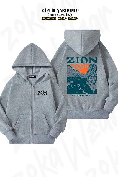 ZOKAWEAR Zion National Park Back Printed - Γκρι ζακέτα με κουκούλα με φερμουάρ (2 κλωστές)