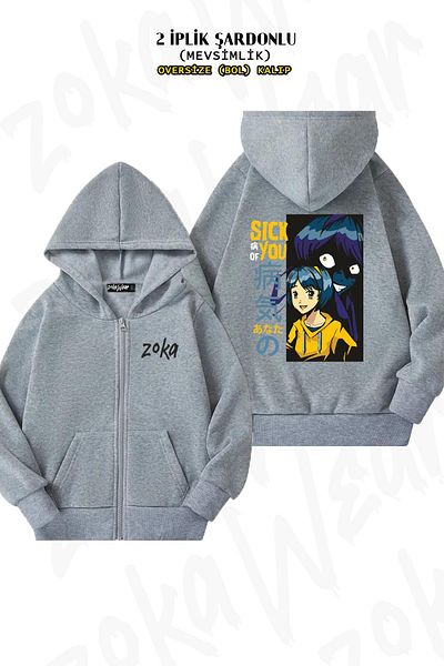 ZOKAWEAR Anime Manga Character - Sick You Back Printed Grey Oversize Cardigan (2 νήματα)