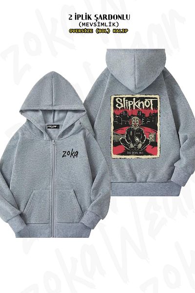 ZOKAWEAR Oversize Slipknot Devil Back Printed με φερμουάρ και κουκούλα γκρι ζακέτα (2 κλωστές)