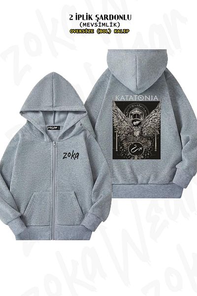 ZOKAWEAR Katatonia Temple Pattern - Γκρι ζακέτα με φερμουάρ και κουκούλα (2 κλωστές)