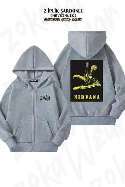ZOKAWEAR Nirvana Rock Metal Oversize T-Shirt - Back Printed, Zip-Up, Hooded Gray Cardigan (2 Thread)