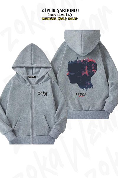 ZOKAWEAR Oversize Stranger Things Eleven Back Printed Zipper Hooded Grey Cardigan (2 νήματα)