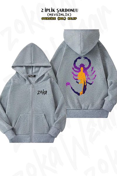 ZOKAWEAR Γκρι ζακέτα με μοτίβο Scorpion - με κουκούλα, με φερμουάρ (2 κλωστές)