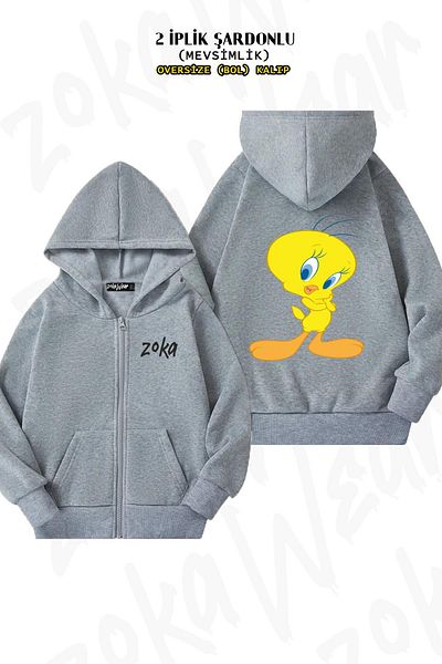 ZOKAWEAR Oversize Tweety Back Printed με φερμουάρ και κουκούλα γκρι ζακέτα (2 κλωστές)