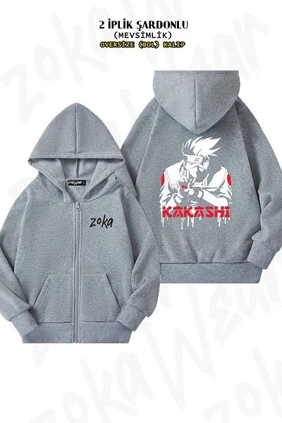 ZOKAWEAR Naruto Hatake Kakashi Back Printed Grey Oversize Cardigan - Φούτερ με φερμουάρ (2 κλωστές)