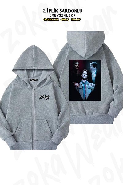 ZOKAWEAR Ζακέτα Supernatural x3 Grey Oversize - Πίσω στάμπα, φερμουάρ και κουκούλα (2 κλωστές)