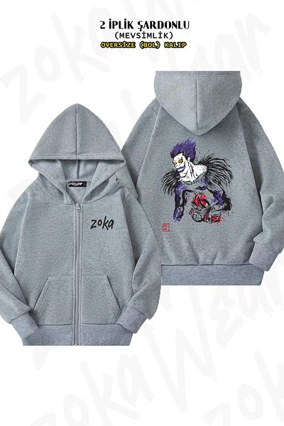 ZOKAWEAR Μοτίβο χαρακτήρων Death Note Ryuk - Γκρι ζακέτα με φερμουάρ και κουκούλα (2 νήματα)