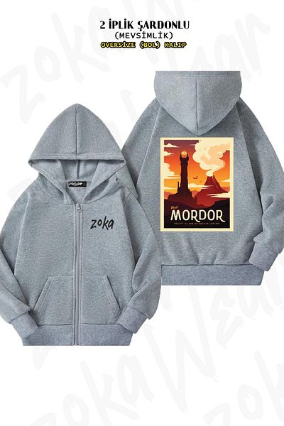 ZOKAWEAR Oversize Mordor Back Printed Grey Hooded Cardigan - με φερμουάρ, 2 κλωστές