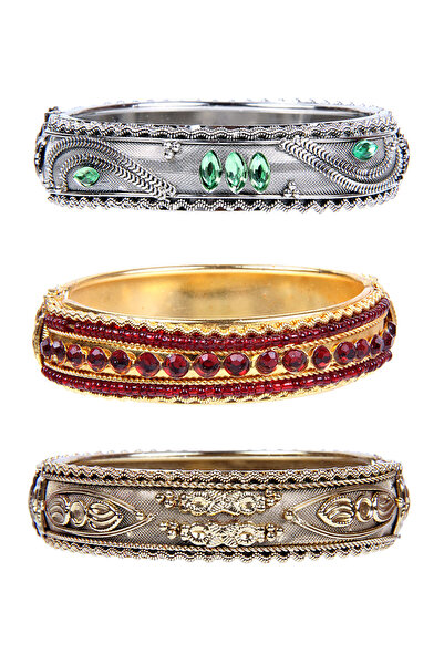 Rouge Renkli Taşlı Kelepçe Bilezik Paketi