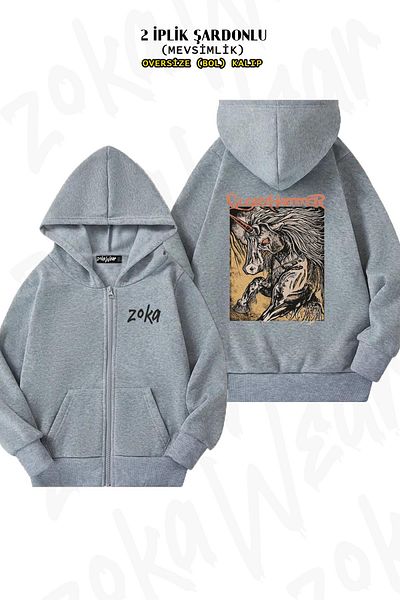 ZOKAWEAR Gloryhammer Oversize Grey Cardigan - Πίσω στάμπα, φερμουάρ και κουκούλα (2 κλωστές)