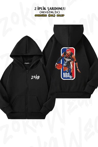ZOKAWEAR Allen Iverson V3 Oversize Black Cardigan - Back Print, Zip-Up, Hoodie (2 Thread)