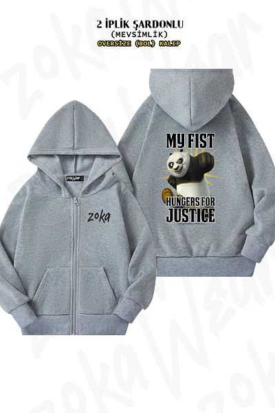 ZOKAWEAR Μοτίβο Kung Fu Panda - Γκρι, με κουκούλα και ζακέτα με φερμουάρ (2 κλωστές)