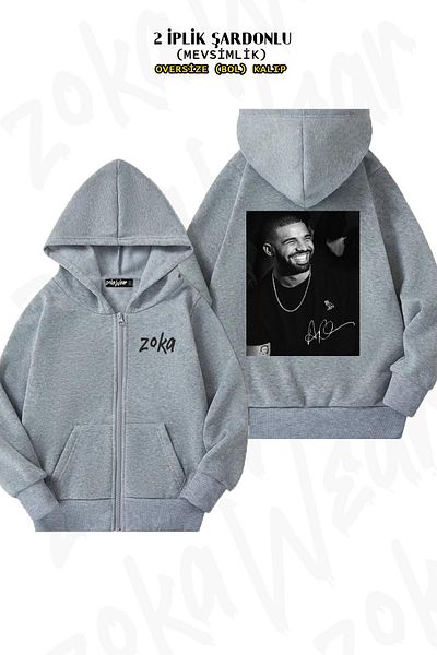 ZOKAWEAR Υπερμεγέθη πινακίδα αφίσα Drake πίσω με φερμουάρ με κουκούλα γκρι ζακέτα (2 κλωστές)