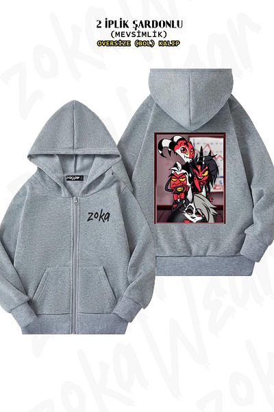 ZOKAWEAR Helluva Boss Oversize Grey Cardigan - Πίσω στάμπα, φερμουάρ, κουκούλα (2 κλωστές)