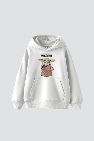 Sekizbiraltı The Mandalorian Yoda Printed - Unisex Oversize White Hoodie V2